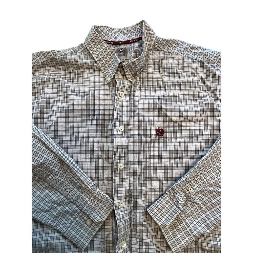 Cinch Long Sleeve XL Button Up Shirt Ivory with Small Red/Black Checks